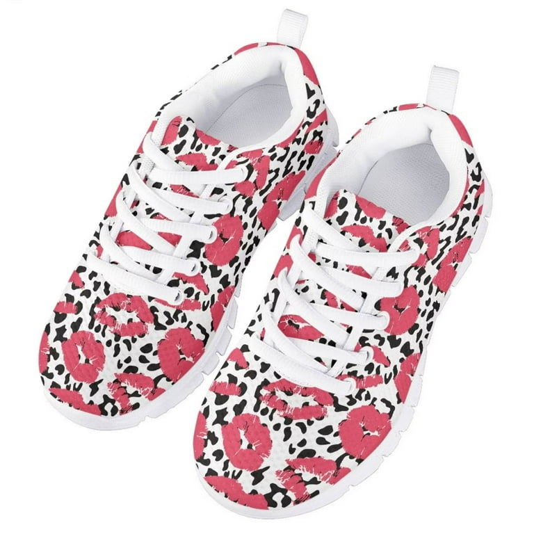 Pzuqiu Leopard Print Shoes Girls Size 12 Lipprint Kids Tennis Running Shoes Lightweight Training Sneakers Walking Gym Shoes