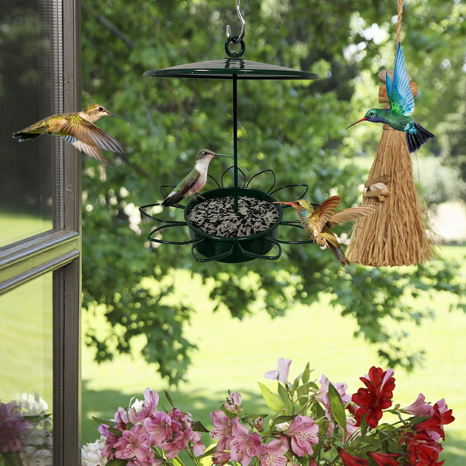 Outdoor Hanging Bird Feeder with Leak Proof Grid, Easy Fill Food Holder for Garden Fence or Wild Birds, Weather Friendly Backyard Balcony Feeding Station, for Home Nature Observation and Viewing