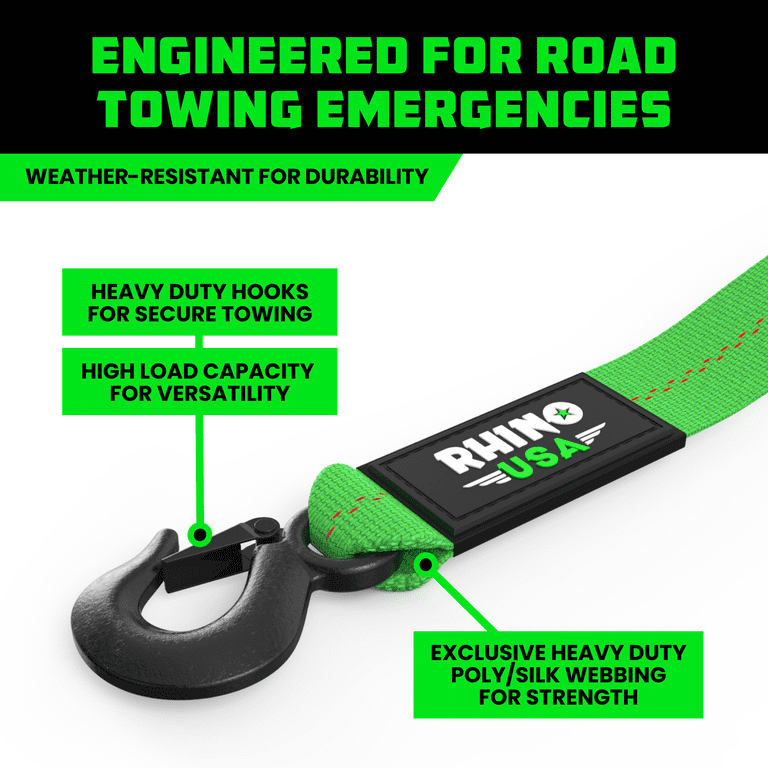 Rhino USA Tow Strap with Hooks, 2 in x 20 ft, Green photo 3
