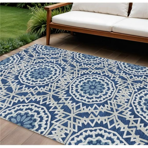 HomeRoots 578651 10 x 14 ft. Floral Medallion Washable Indoor & Outdoor Rectangle Area Rug, Navy Blue, Ivory & Gray