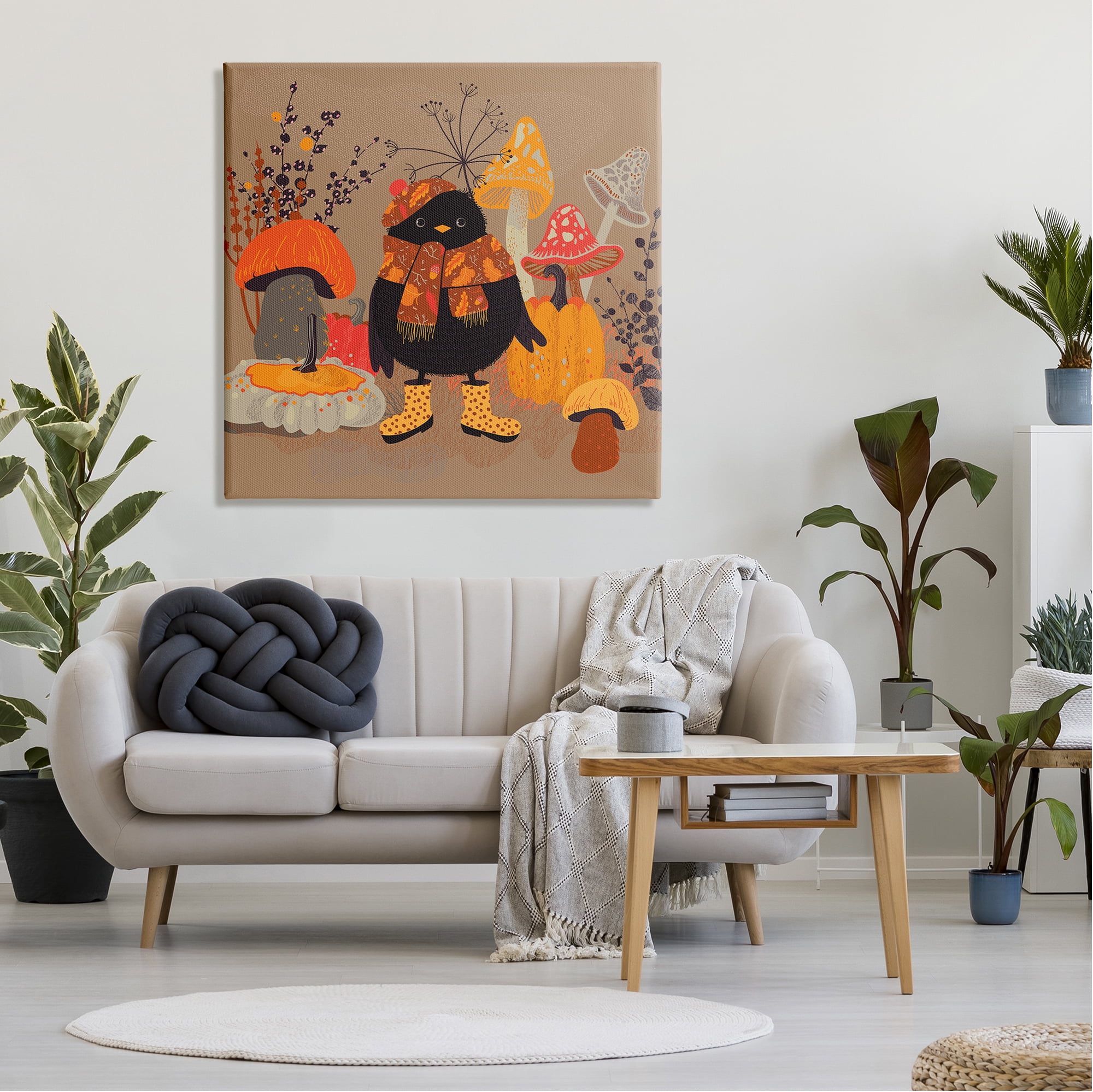 Stupell Industries Cozy Crow with Mushrooms Animals & Insects Painting Gallery Wrapped Art Print Wall Art, 36 x 36