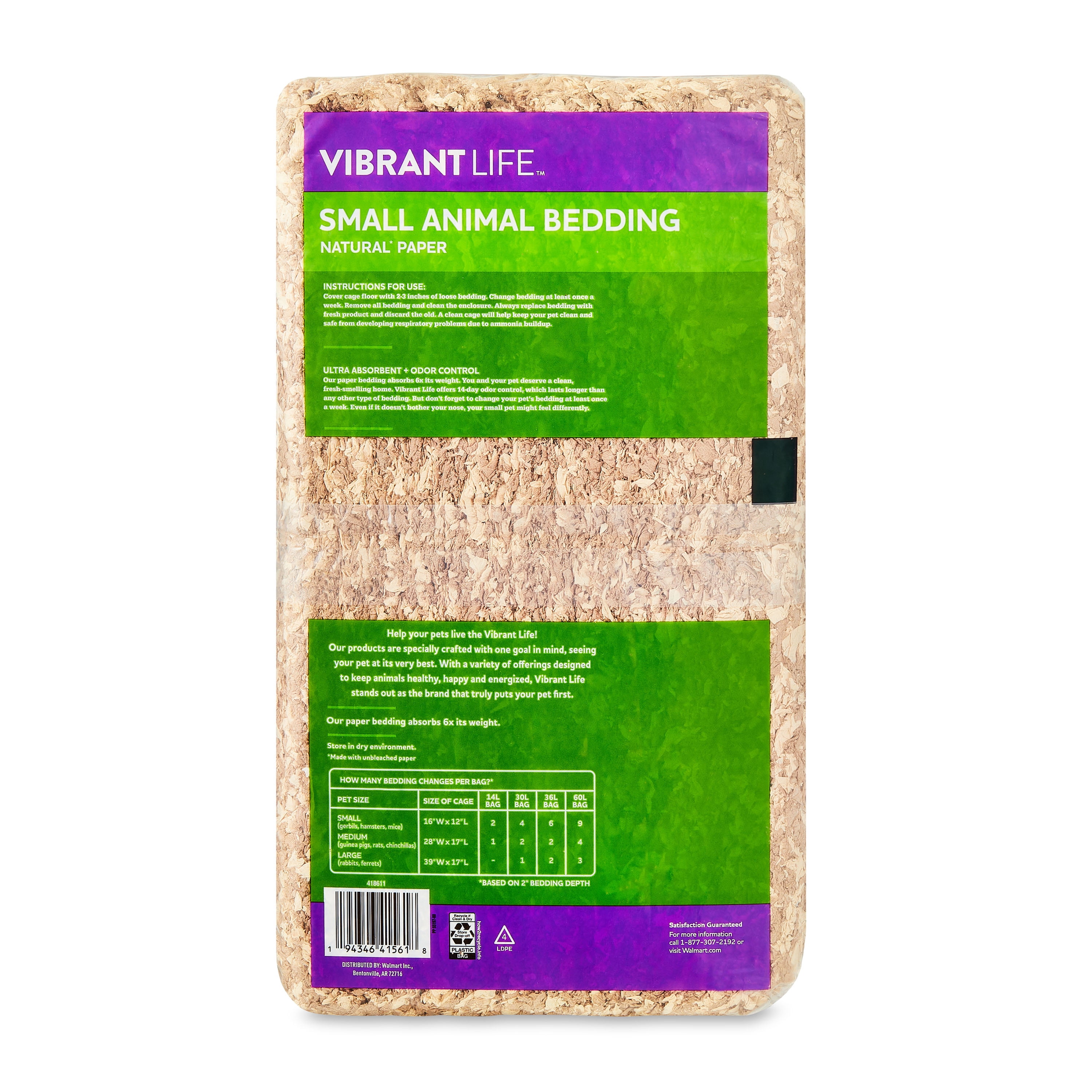 (4 pack) Vibrant Life Small Animal Bedding, Natural Paper, 30 L Bag