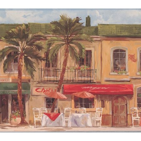 Concord Wallcoverings Wallpaper Border Place Pattern Vintage City Beach Side Cafes Palms for Living Room, Brown Green Blue Beige, 9.25 Inches by 15 Feet TK6268B