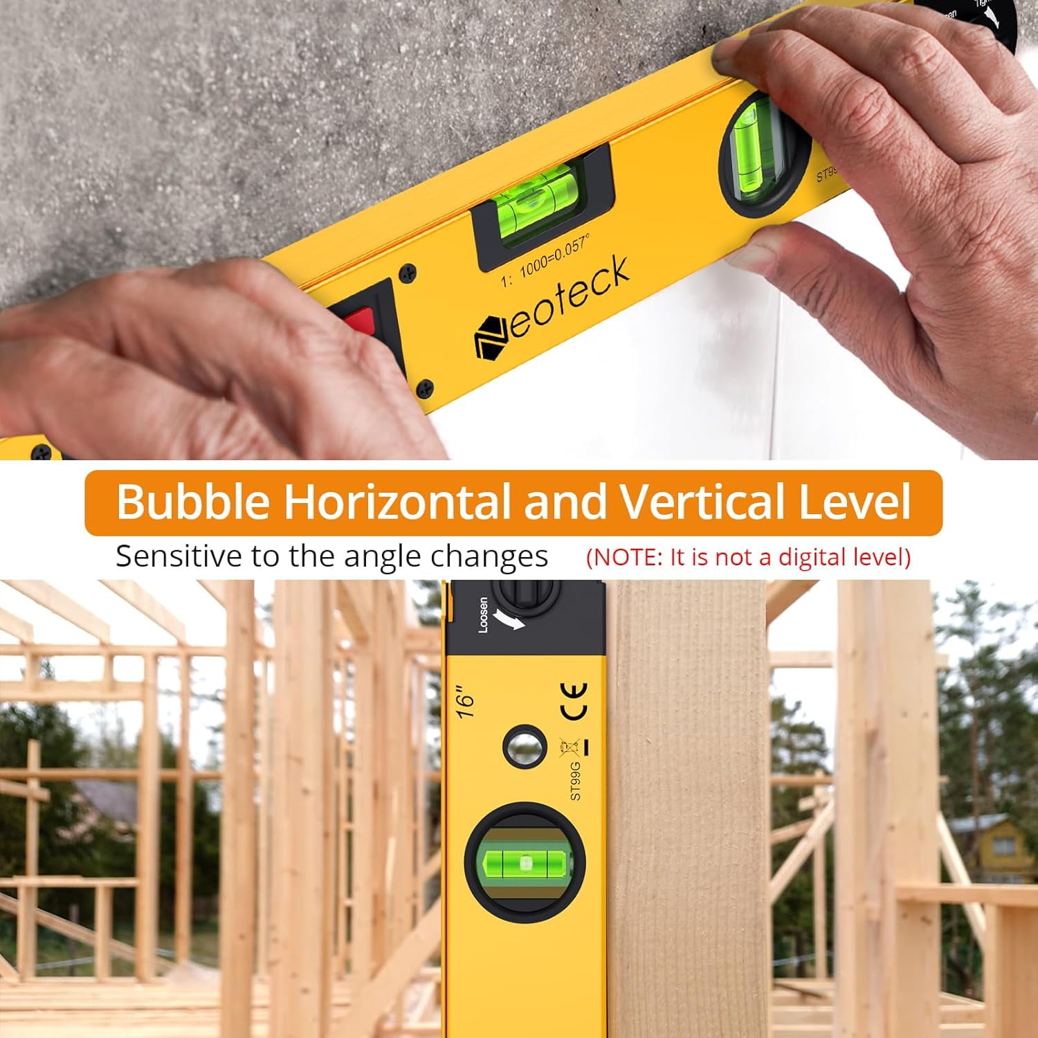 Neoteck 225° 16 inch Digital Angle Finder Aluminum Protractor with LCD Backlight Digital Angle Measuring Tool with Horizontal and Vertical Bubble for Woodworking, Construction, Machinery - Golden