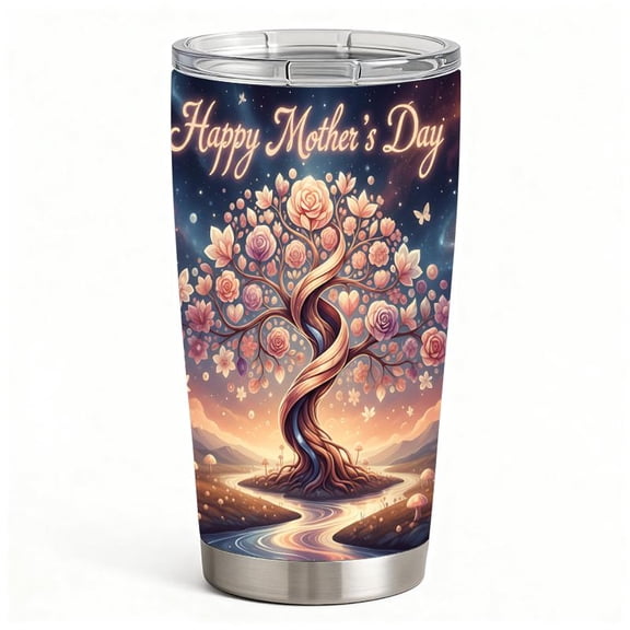 Stainless Steel Insulated Tumbler with Lid, Happy Mother’s Day Floral Heart Tree Design, Double-Wall Hot & Cold Travel Cup, Gift for Mom