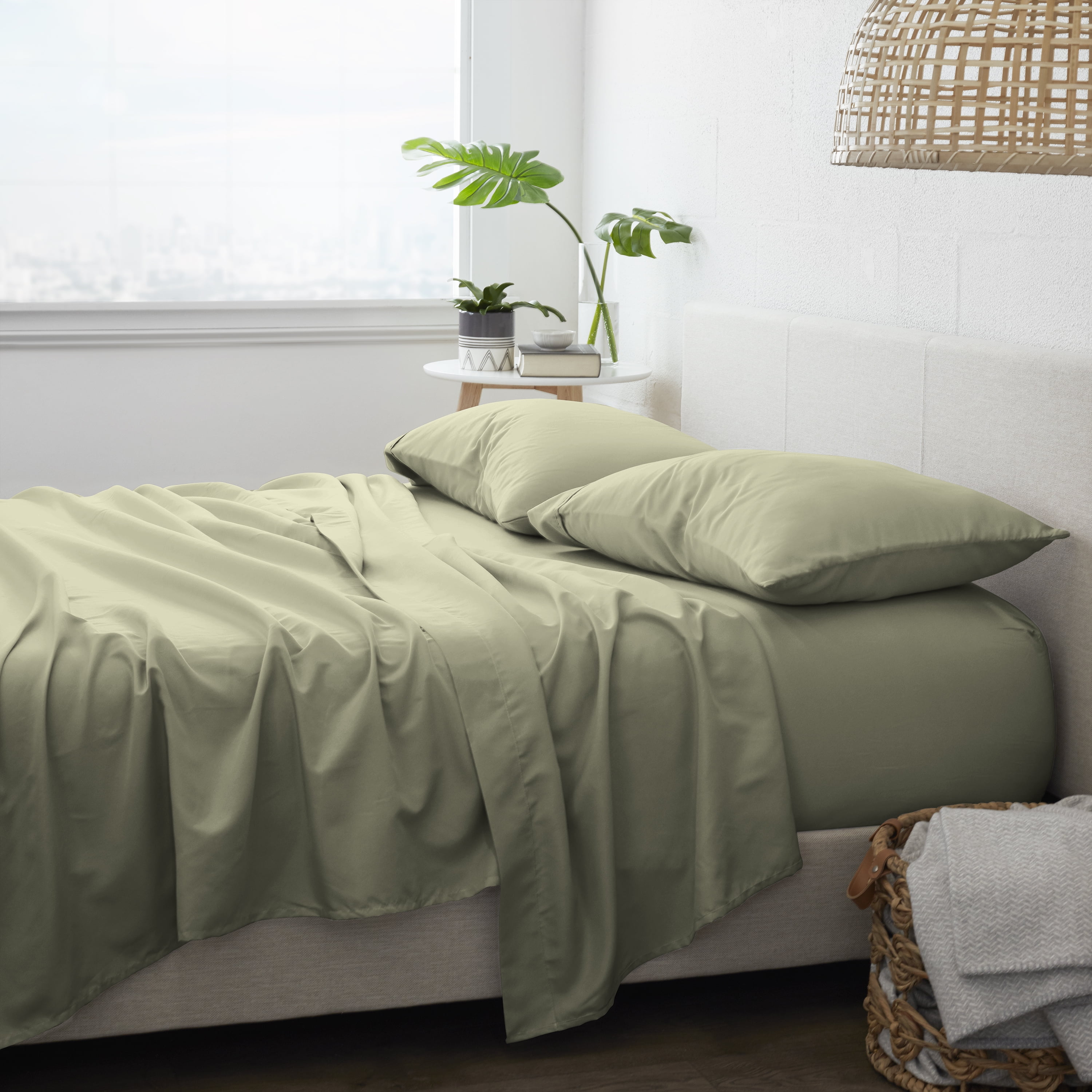Noble Linens 4 Piece Solid Microfiber Bed Sheet Set, Sage, California King