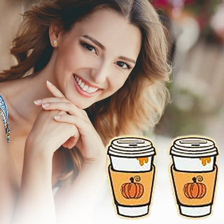 

LBS Autumn Orange Pumpkin Coffee Milk Tea Cup Maple Leaf Wool Ball Small Tree Turkey Nut Earrings