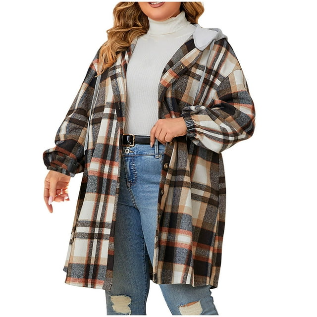 Besolor Women Plaid Hooded Jacket Winter Plus Size Long Sleeve Drawstring Coat Casual Button down Outwear with Pocket