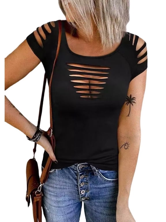 Cut Out Hollow Out T Shirt Womens Cold Shoulder Lacerated Sleeve Shirt Sleeveless Solid Round Neck Slim Shirt Tops