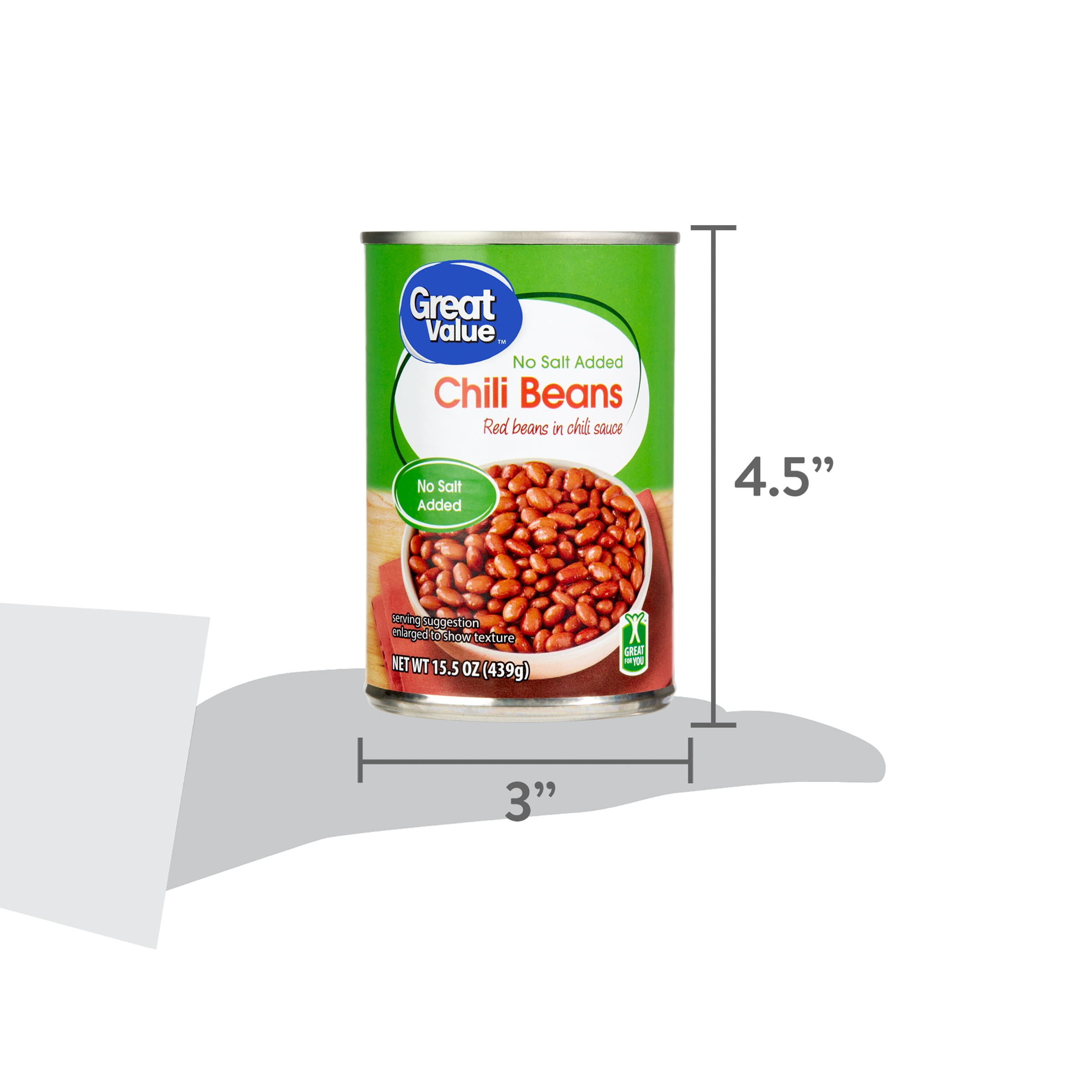 (12 pack) Great Value, No Salt Added Chili Beans, 15.5 oz Can