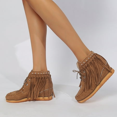 

TALKVE Up Flat Suede Fashion Lace Color Retro Boots Fashion Tassel Boots Women s Solid women s boots