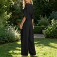 thumbnail image 6 of Npasoilc Zipper Tighten Waist V-Neck Five Button Sleeve Wide Leg Long Jumpsuits for Women Solid Color, 6 of 7