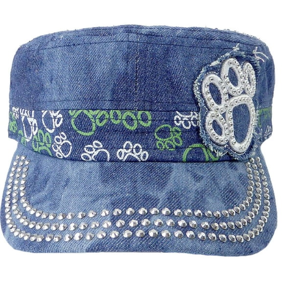 Paw Print Rhinestone Bling Dazzle Cadet Cap Hat Dog/Cat (Denim)