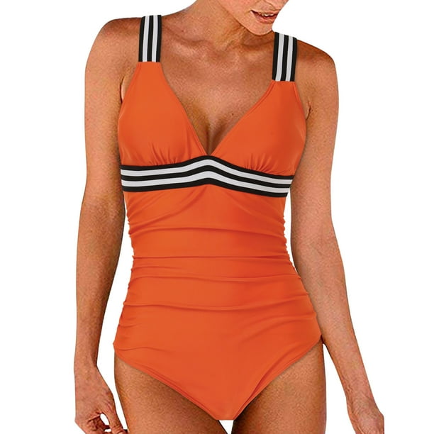 Gibobby Trajes de Baño para Mujer Mujeres 1 pieza WebbingTank Trajes fruncidos Vintage Up Entrenamiento atlético Traje de baño Baño Deporte Control Traje(Naranja,XL)