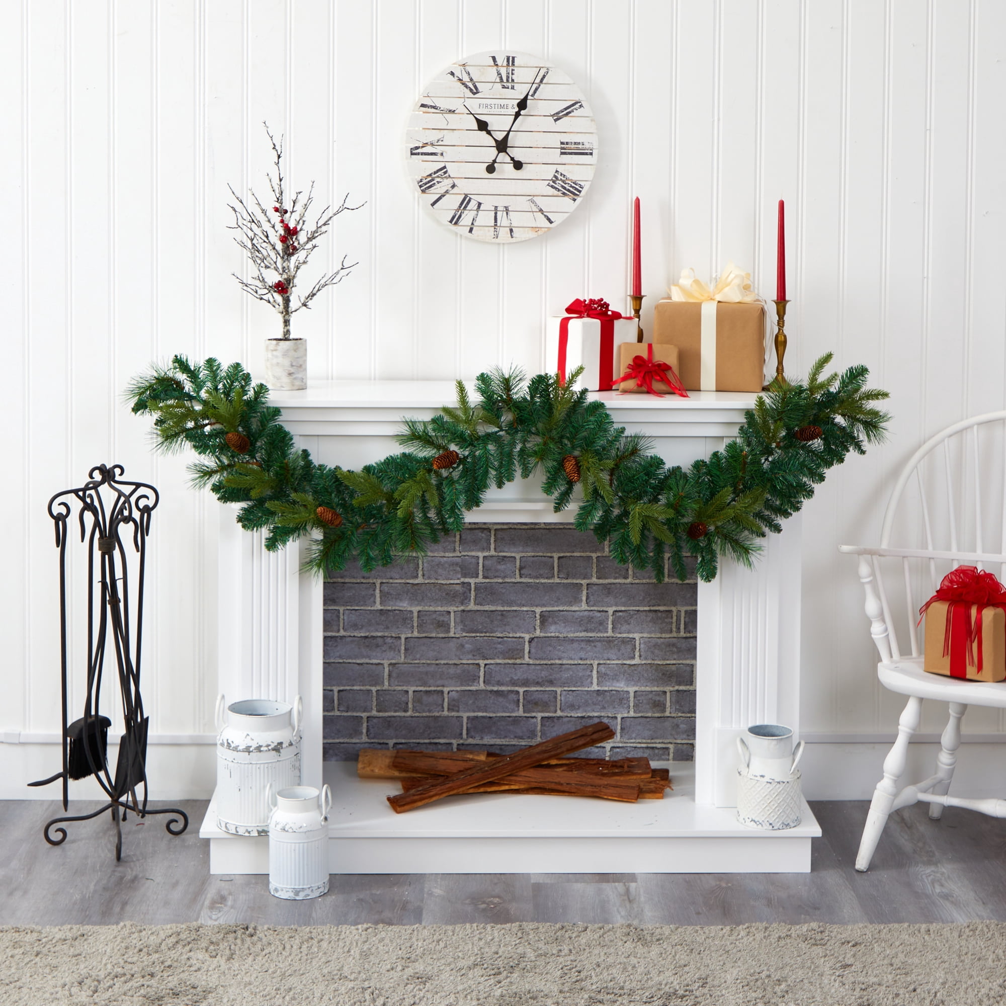 Nearly Natural 6ft Mixed Pine & Pinecone Artificial Garl w/5 Clear LED in Green
