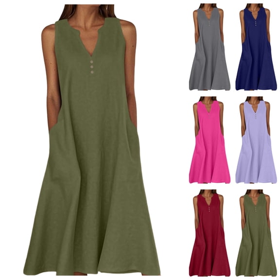 LIBRCLO Womens Dresses Plus Size Sleeveless V-Neck Casual Dress with Pockets Fashion Solid Color Summer Dress