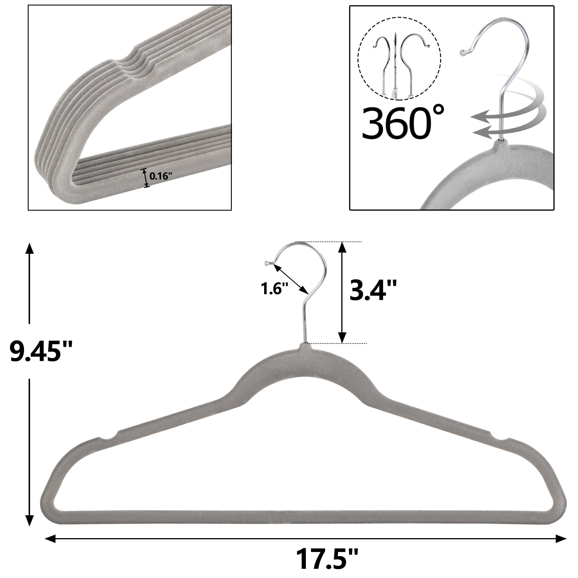 ZENY Clothes Hangers Set Flocked Velvet No-slip Durable Coat Jacket Hangers Space Saving Hangers(100pcs, Gray, Velvet)