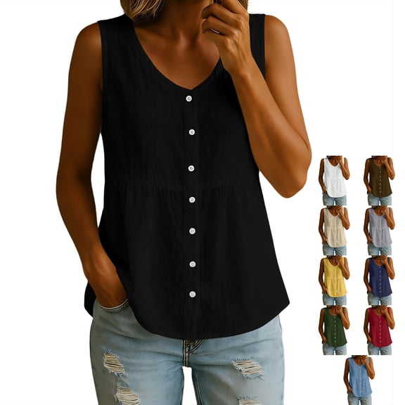 TGSLY Women's Linen V Neck Tank Tops Lightweight Soft Full Button Down Front Solid Color Sleeveless Shirts Casual Loose Fit Empire Waist Vest XXL