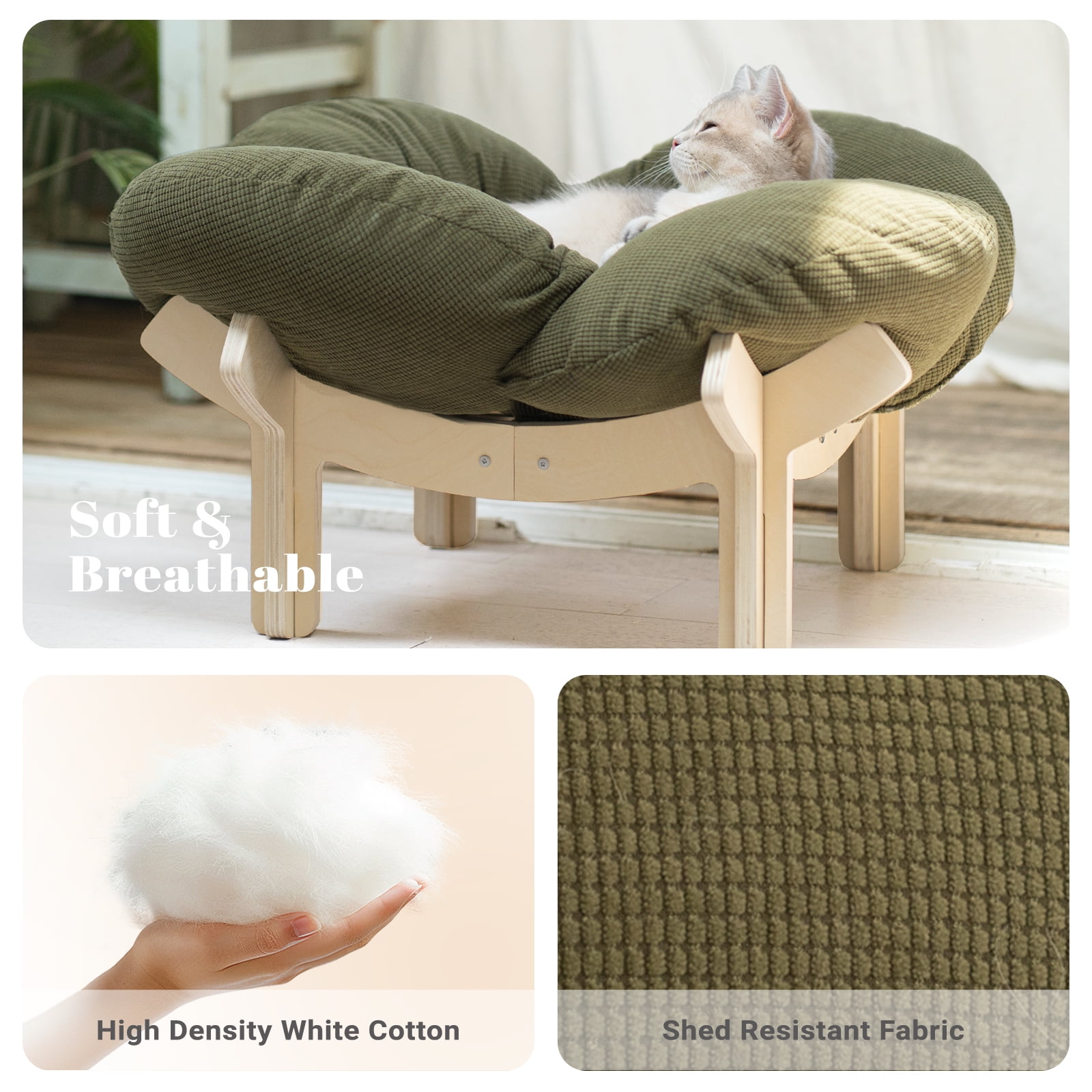 CheerPals Elevated Cat Bed, Washable Flower Pet Cushion with Sturdy Wooden Frame, Heavy-Duty Lounge Chair for Indoor Cats & Small Dogs, Green
