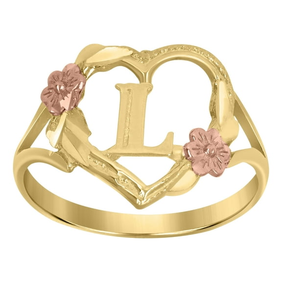 10kt Real Two-Tone Gold Womens Dc Textured Initial Letter L Heart Band Ring