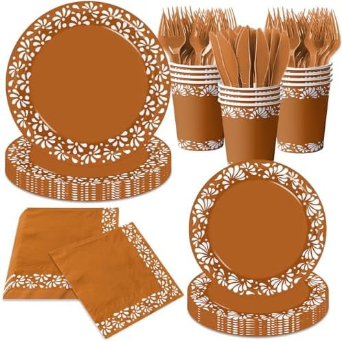 144Pcs Cielito Lindo Party Decoration, Platos De Barro Mexicanos Clay Plates Mexican decor Terracotta Pottery Paper Cups for Mexican Themed Party Decorations Cielito Lindo Baby Shower
