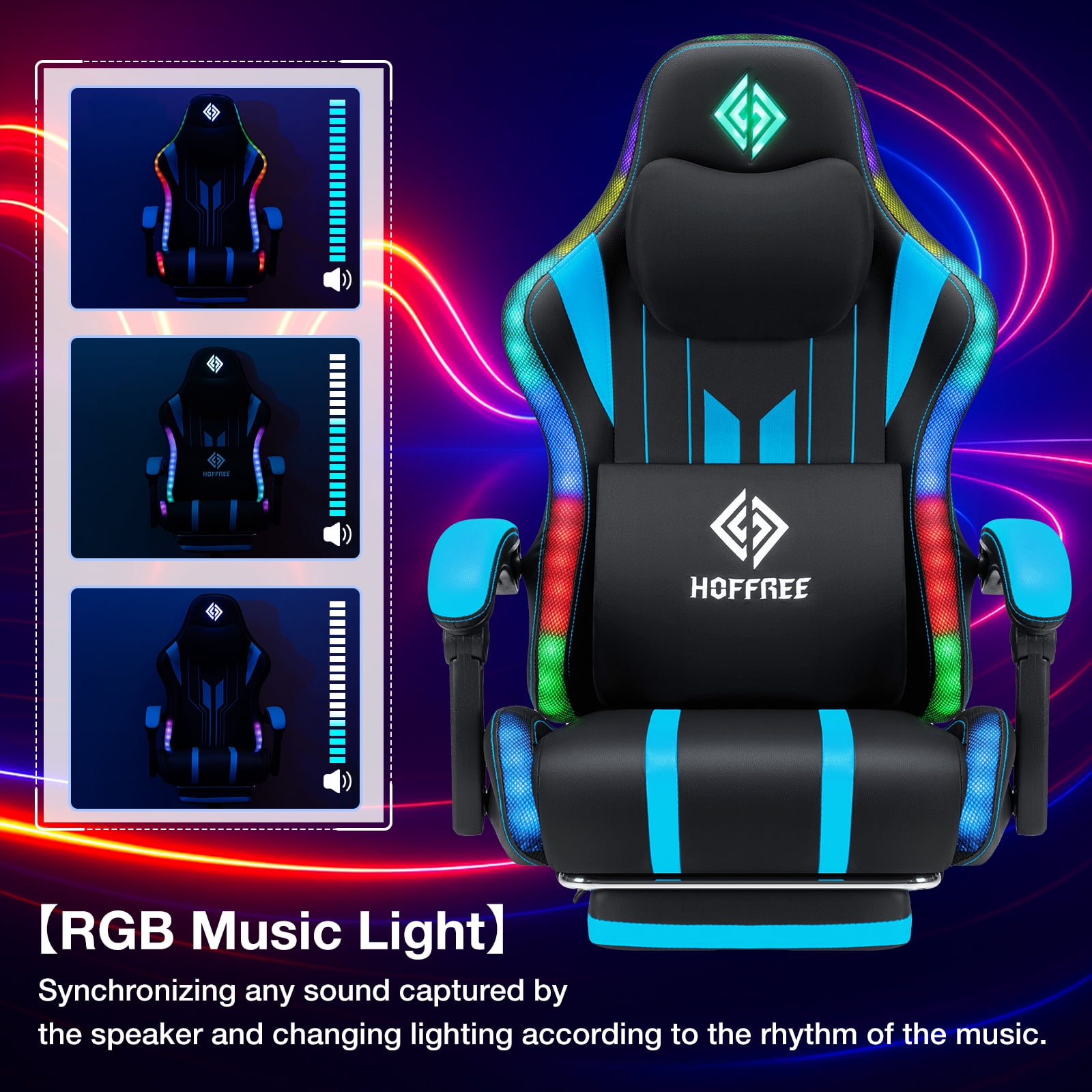 HOFFREE Massage Gaming Chair with Speakers, Leather Game Chair with Bluetooth and Music Rhythm RGB Lights, Big and Tall Gamer Chair with Footrest for Adults, Ergonomic Video Game Chair with Headrest