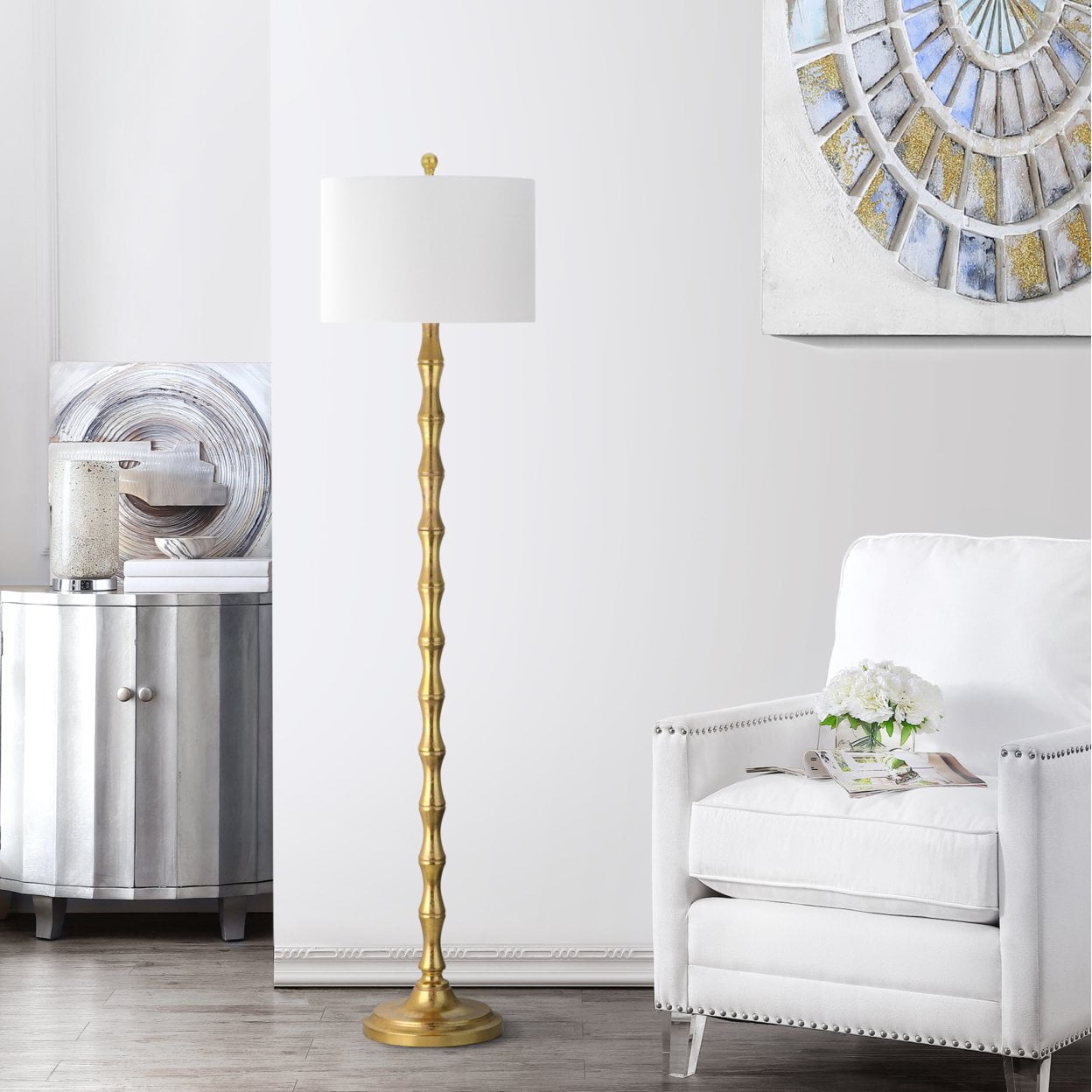 SAFAVIEH Aurelia 63.5 in. H Floor Lamp, Antique Gold/Off-White Shade