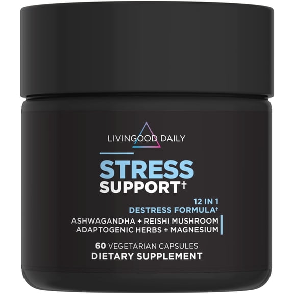 Livingood Daily Stress Support, 12-in-1 Supplement with Ashwagandha, Reishi Mushroom, Vitamin B6, Adaptogenic Herbs & Magnesium, Supports Mood & Calm, Gluten Free, Vegan, 60 Vegetarian Capsules