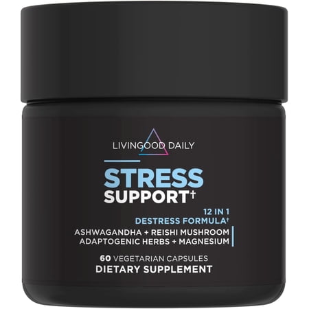 Livingood Daily Stress Support, 12-in-1 Supplement with Ashwagandha, Reishi Mushroom, Vitamin B6, Adaptogenic Herbs & Magnesium, Supports Mood & Calm, Gluten Free, Vegan, 60 Vegetarian Capsules