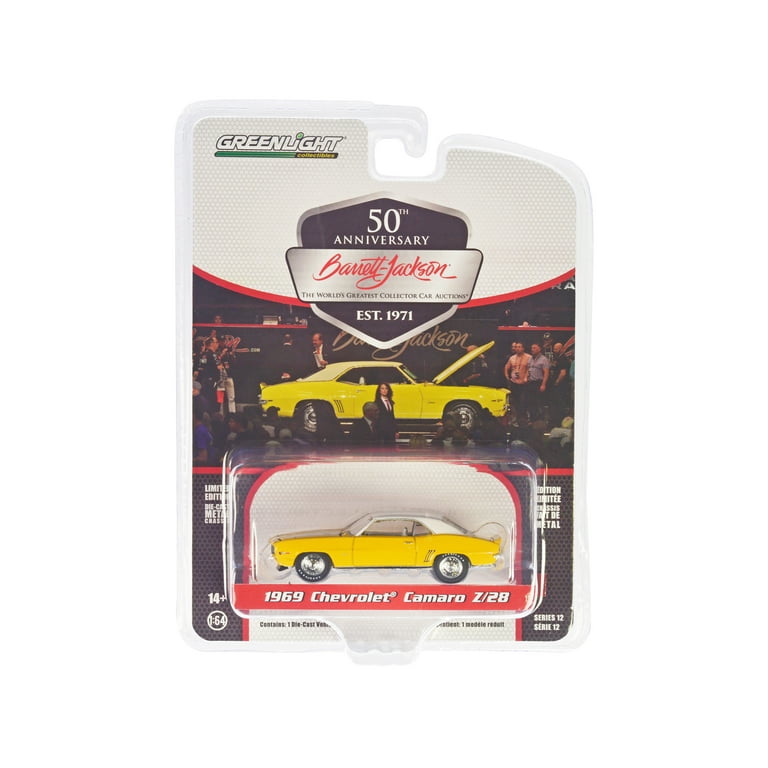 1969 Chevrolet Camaro Z/28 Daytona Yellow with White Stripes, Top, and Interior (Lot #1043) 1/64 Diecast Model Car by Greenlight 1969 Chevrolet Camaro Z/28 Daytona Yellow with White Stripes, Top, and Interior (Lot #1043) 1/64 Diecast Model Car by Greenlight