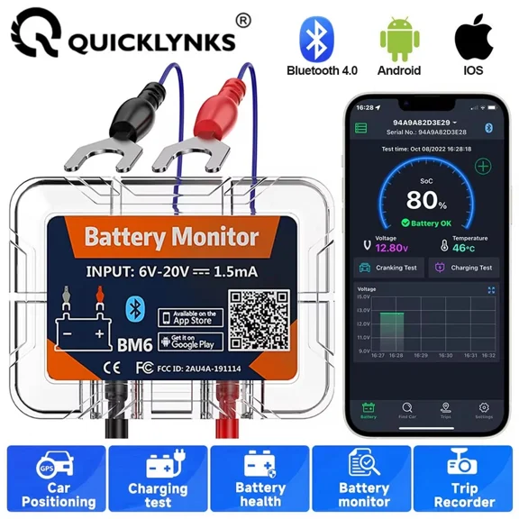 QUICKLYNKS Wireless Bluetooth 4.0 12V Battery Monitory BM6 Car Battery Health APP Monitoring Battery Tester for Android iOS