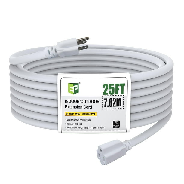 Cable de alimentación EP, 7,6 m, extensión exterior, 15 A, 125 V, blanco