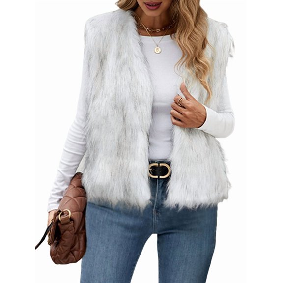 Women'S Faux Fur Waistcoat Vest Fuzzy Sleeveless Open Front Outwear Winter Warm Short Fluzzy Vest Jacket Coat White S