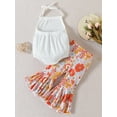 thumbnail image 3 of Bagilaanoe 2pcs Newborn Baby Girl Long Pants Set  Ribbed Halter Neck Romper Tops + Flower Print Flare Trousers 6M 12M 18M 24M Infant Casual Summer Outfits, 3 of 9