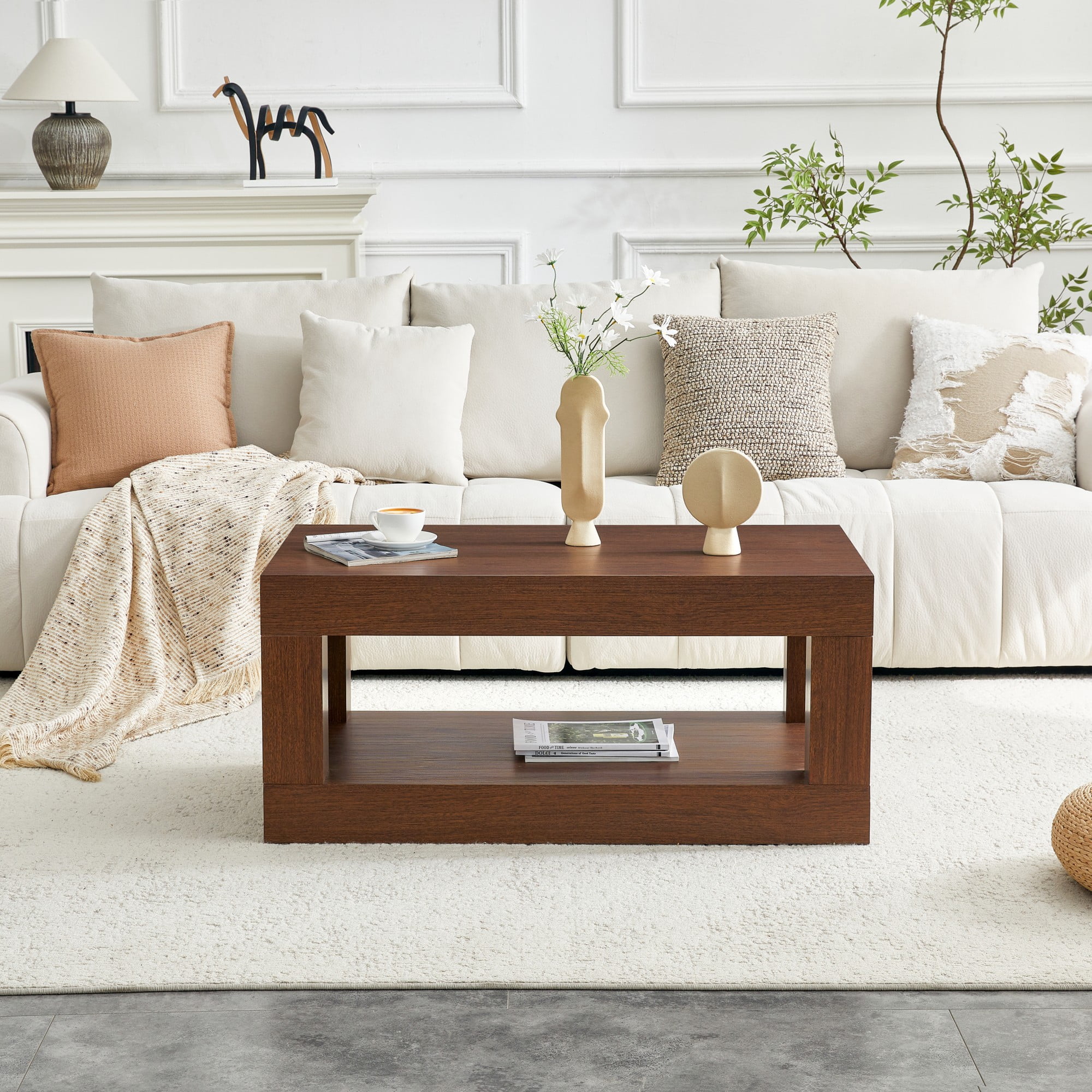 Alvantor Coffee Table Modern 2-Tier with Open Shelf for Living Room, 40"x21"x18", Walnut