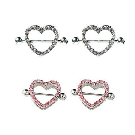 Steel Clear Gem - 2 Pairs of Nipple Shields Heart Shaped Surgical Steel with Pink and Clear CZ Gem