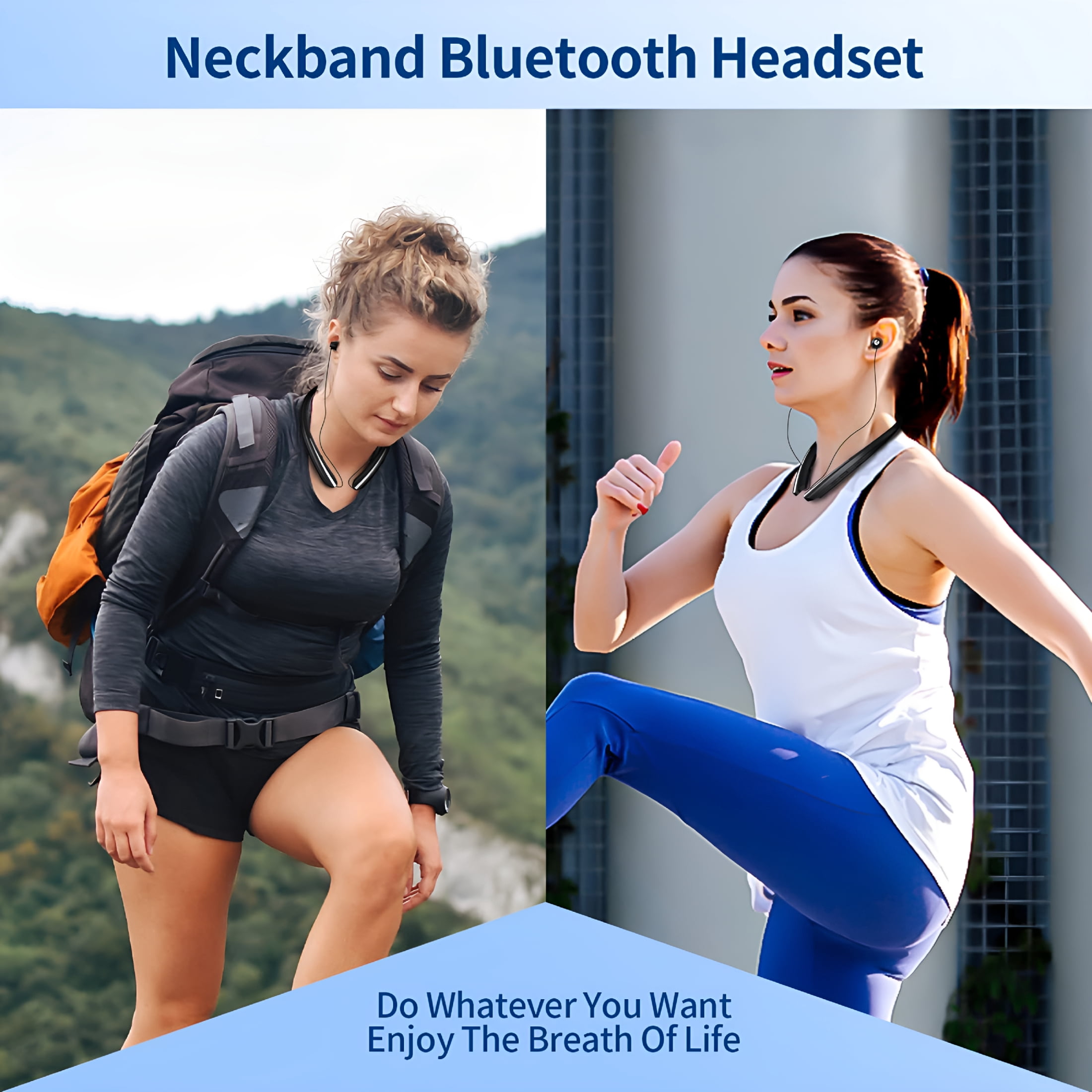 GJX Retractable Bluetooth Neckband Headphones - Wireless Headset with High Volume Earbuds, Sweatproof Design, Vibrate Alert, and Mic - Compatible with iPhone, iPad, Samsung, Android