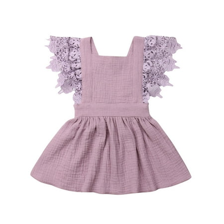 

Genuiskids Newborn Infant Baby Girl Summer Sleeveless Dress Flare Sleeve Lace Patchwork V Back Tutu Sundress Solid Color Square Collar Princess Clothes