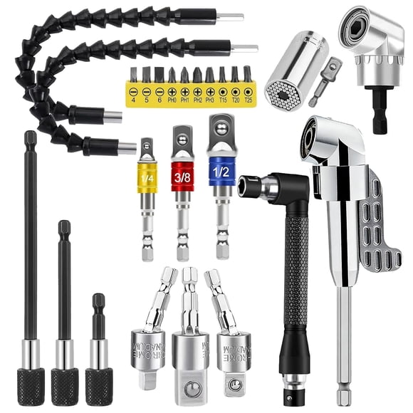 ZORKNOPT 26 PCS Flexible Drill Bit Extension Set with 2 PCS 105° Right Angle Drill Attachment, Bendable 1/2 3/8 1/4" Universal Socket Adapter & Scre