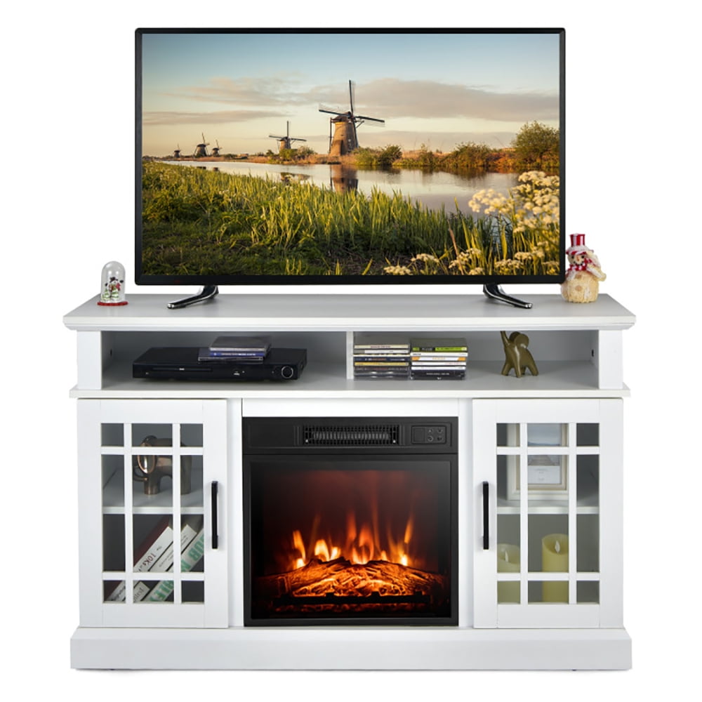 Finihen TV Stand, TV Cabinet, 48 Inch Electric Fireplace TV Stand with Cabinets for TVs Up to 55 Inch, for Living Room, Bedroom, White