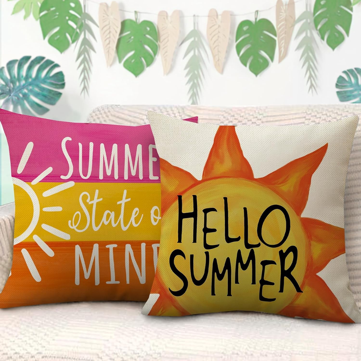 Hello Summer Sun Decorative Throw Pillow Covers 20 x 20 Set of 4, Be The Sunshine Stripes Porch Outdoor Pillowcase, Summer State of Mind Sippin on Sunshine Seasonal Cushion Case Home Decor