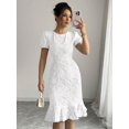 thumbnail image 3 of White Floral Embroidered Puff Sleeve Ruffle Hem Midi Sheath Dress, 3 of 30