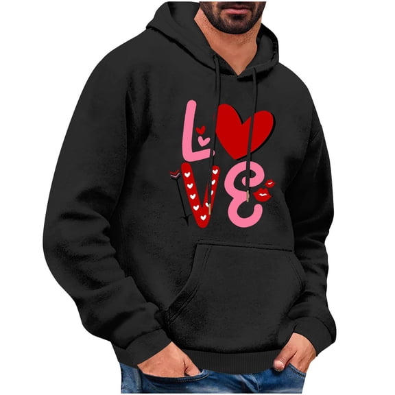 Yiliang Men's Valentine's Day Printed Casual Hooded Long Sleeved Sweatshirt,Black,M