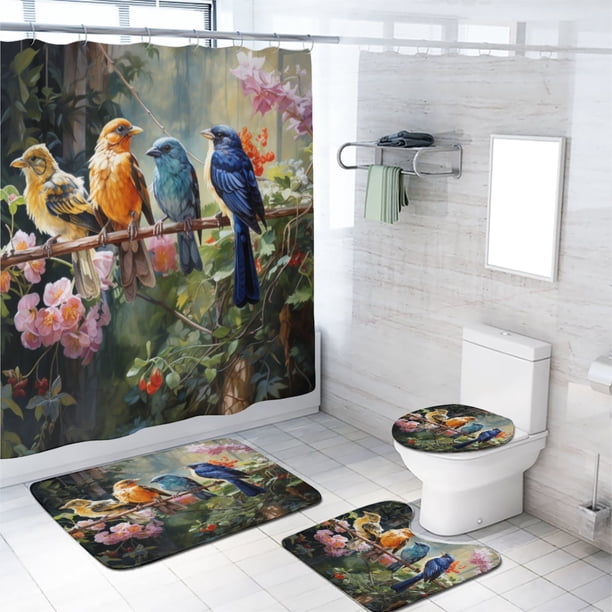 Juego de 4 cortinas de ducha con diseño de colibrí, con alfombra antideslizante, diseño de flores de primavera, ramas de pájaros, cortina de baño con temática natural, tela impermeable, juego de