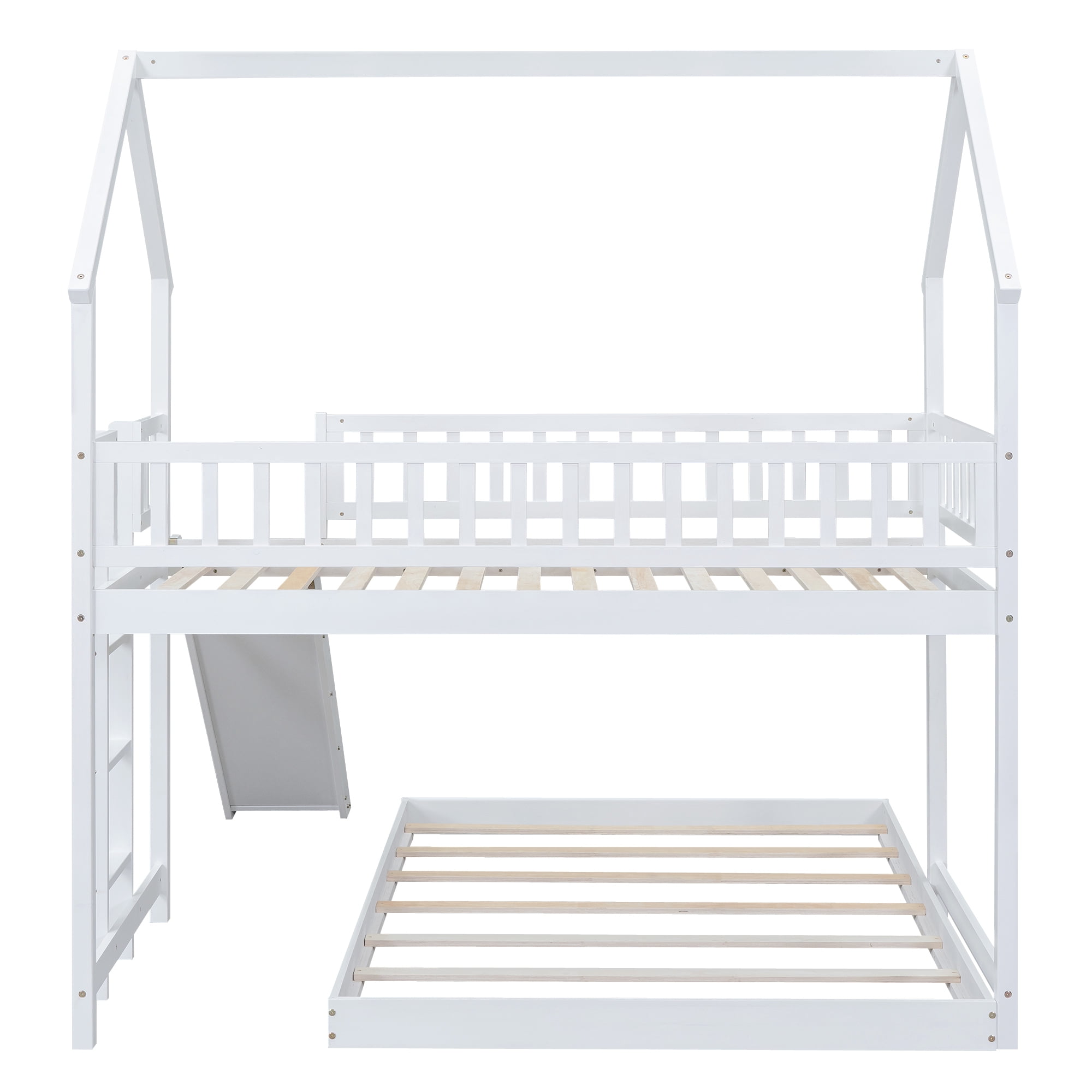 Euroco Wood Twin over Full Bunk Bed, House Bed with Slide for Kids, White