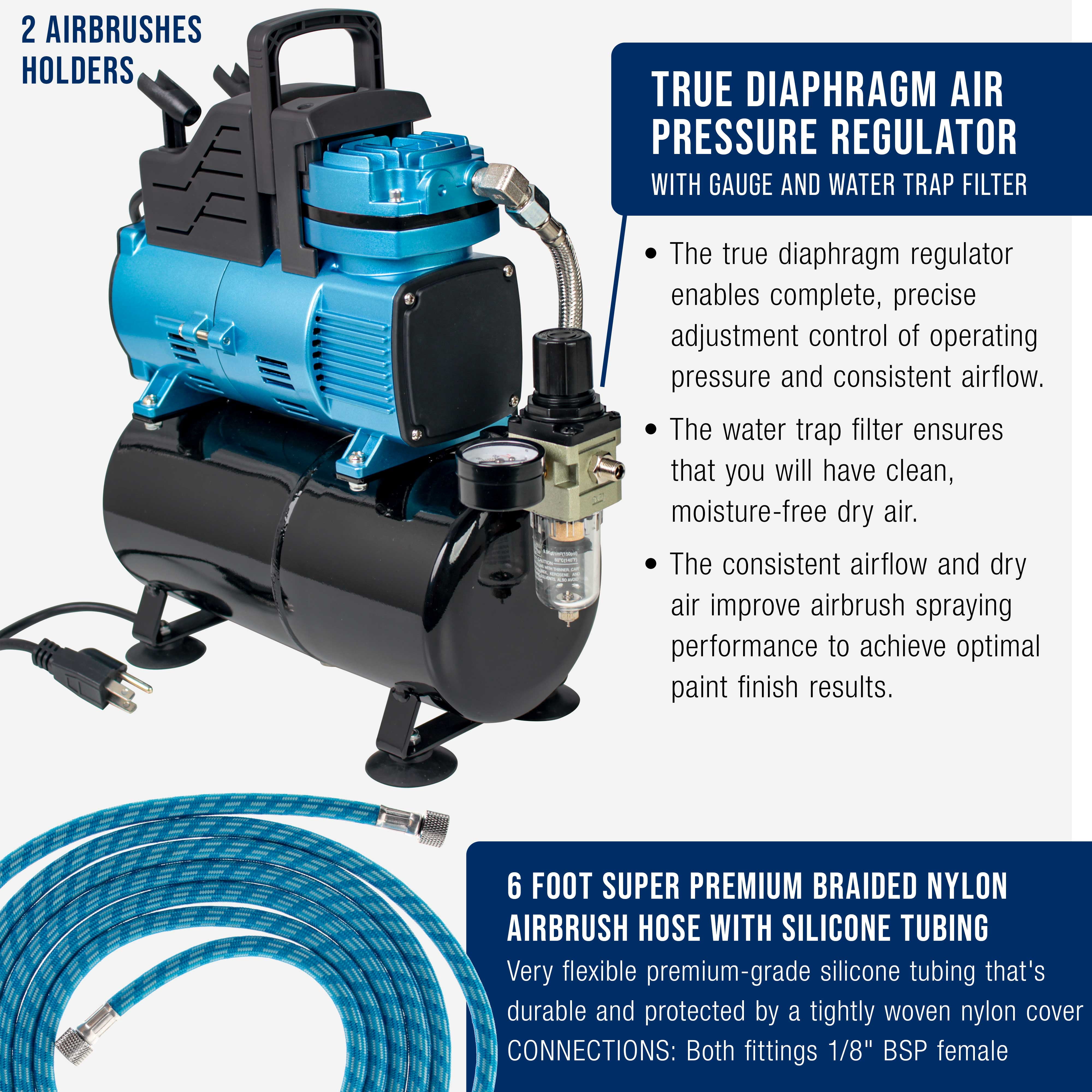 Master Airbrush 1/5 HP Super Cool Runner Dual Fan Tank Air Compressor Kit Model TC-426 - Professional Single-Piston with 2 Cooling Fans, Runs Longer without Overheating - Regulator Water Trap, Holder