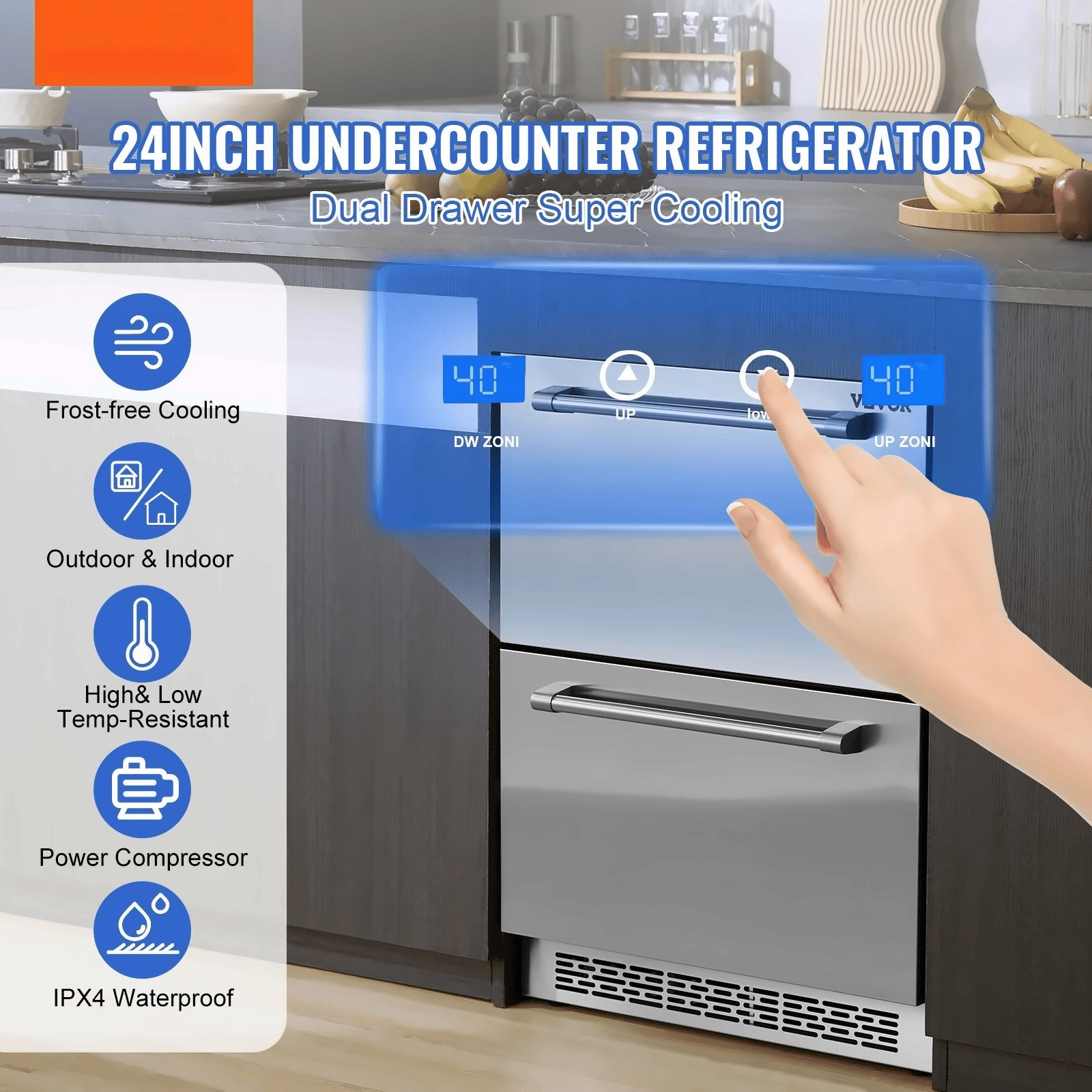 24 Inch Under Counter Refrigerator, 2 Drawer Fridge with Separate Temp, 5.12 Cu.ft. Waterproof Indoor/Outdoor Freezer for Home & Commercial Use