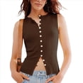 thumbnail image 1 of Camiseta Sin Mangas de Verano para Mujer, de Punto, con Cuello Redondo, Botones Delanteros y Canalé, Ajustada, Sin Mangas, Color Café, Talla L, 1 of 7