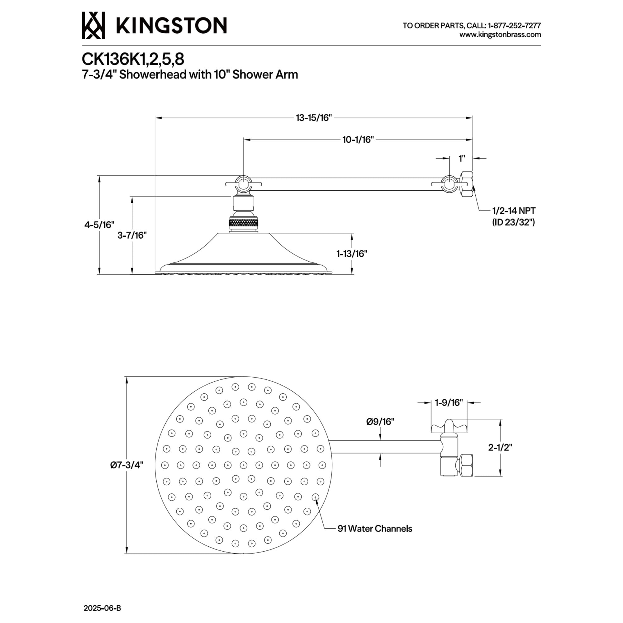 Kingston Brass CK136K8 Victorian 7-3/4-Inch Round Raindrop Brass Shower Head with 10-Inch High-Low Adjustable Shower Arm in Brushed Nickel