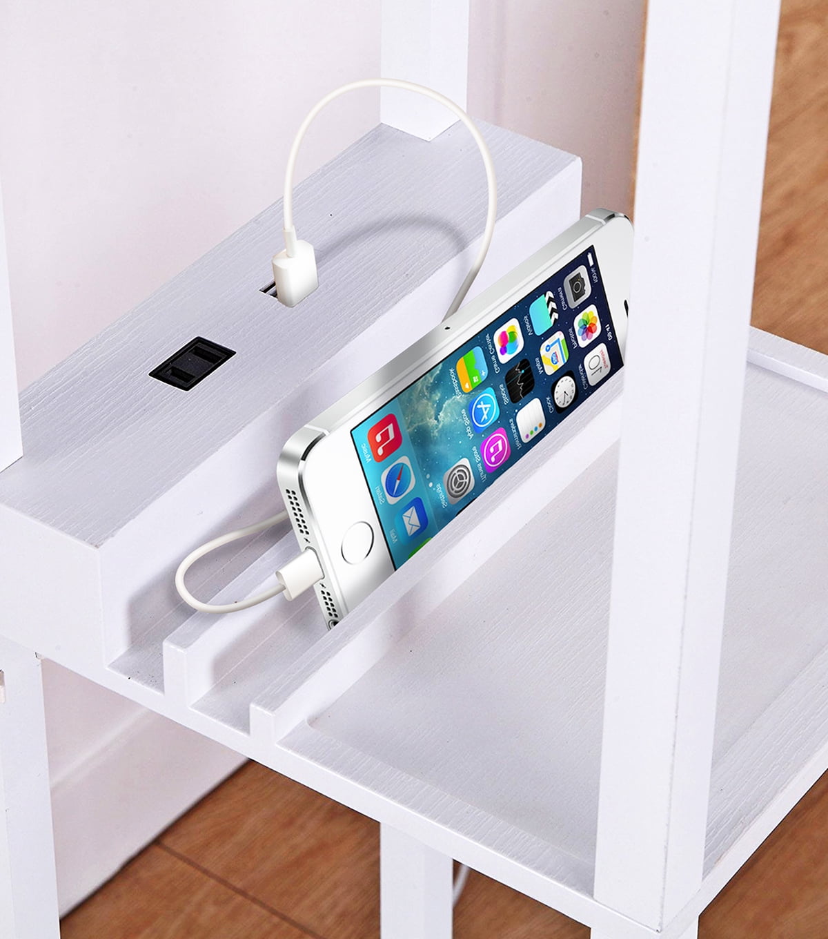 Brightech Maxwell Charger - Modern Shelf Floor Lamp with USB Charging Ports & Electric Outlet - Corner Display Floor Lamps with Shelves for Living Room, Bedroom and Office - White